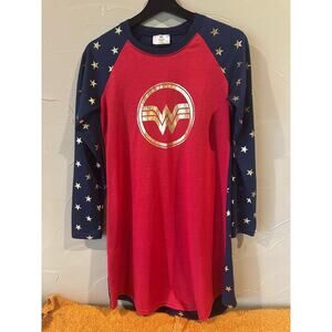 DC Wonder Woman Red Nightshirt with Navy Star Sleeves and Gold Logo